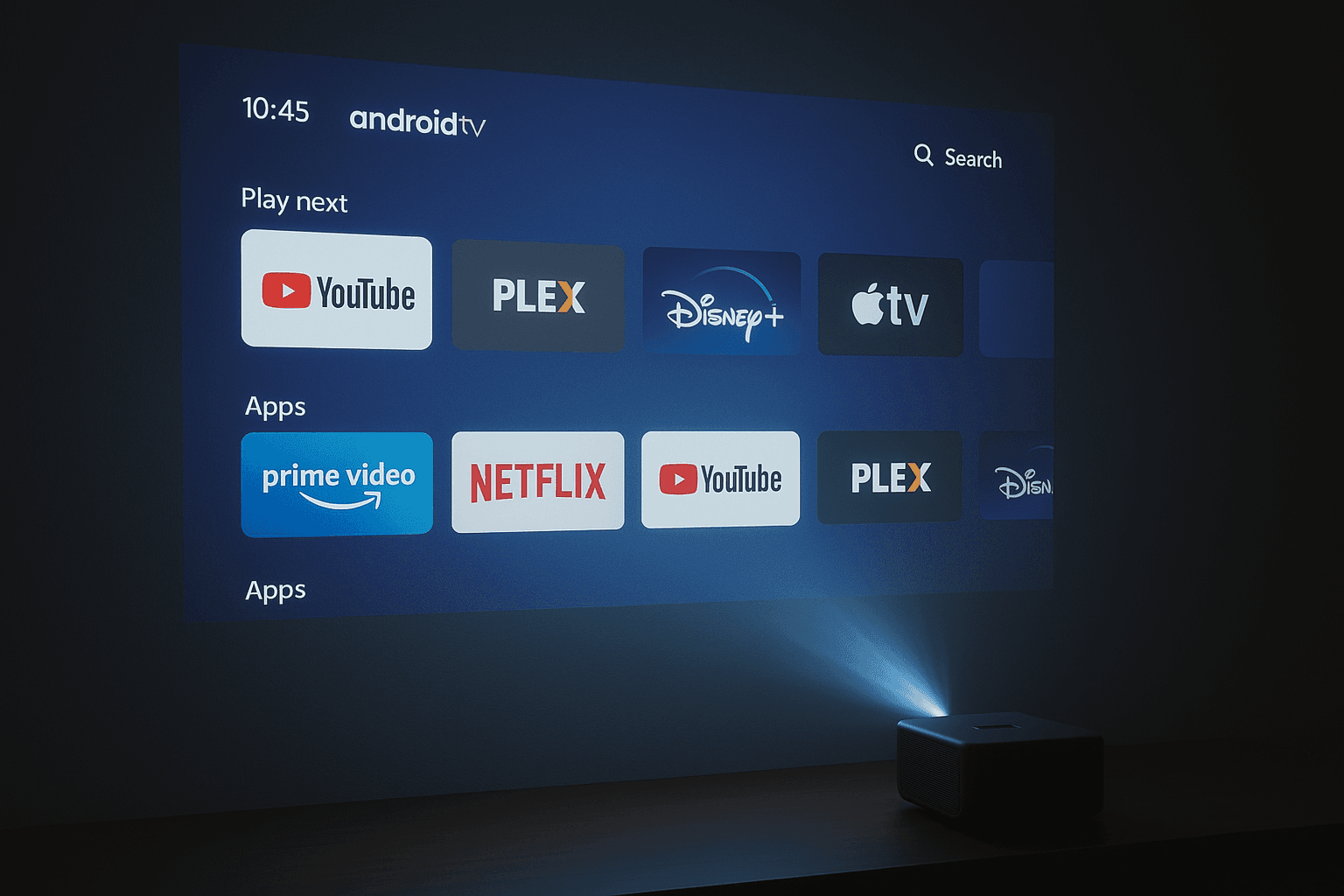 Anker Nebula Capsule II projecting the Android TV interface with apps like YouTube and Plex.