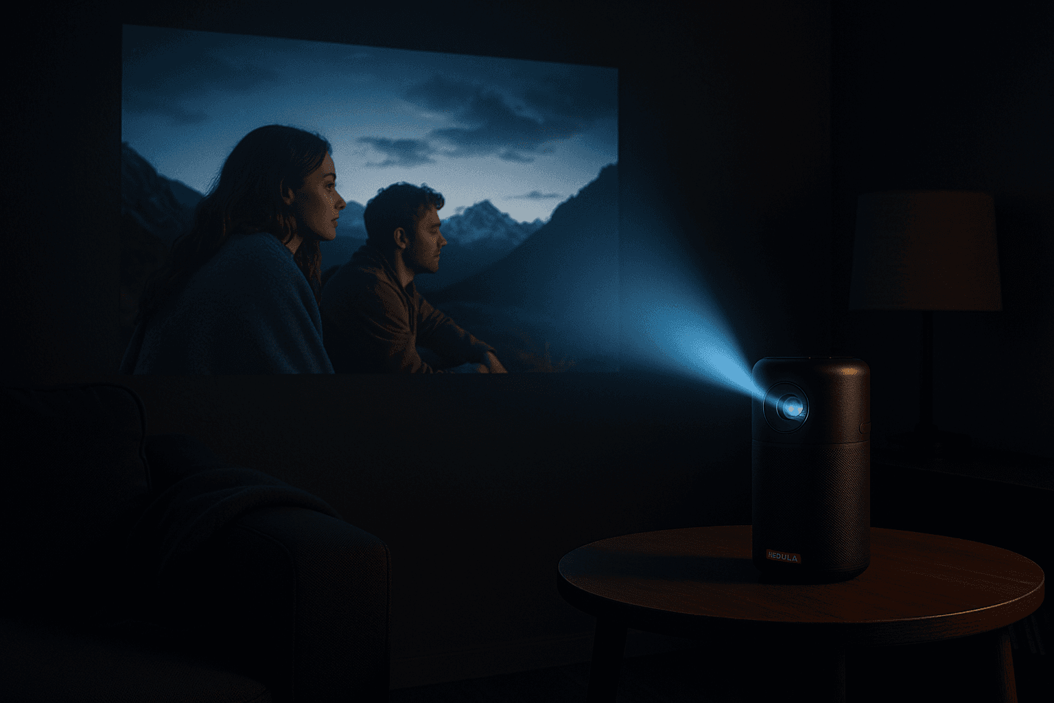 Anker Nebula Capsule II projecting a movie onto a wall in a very dark room.