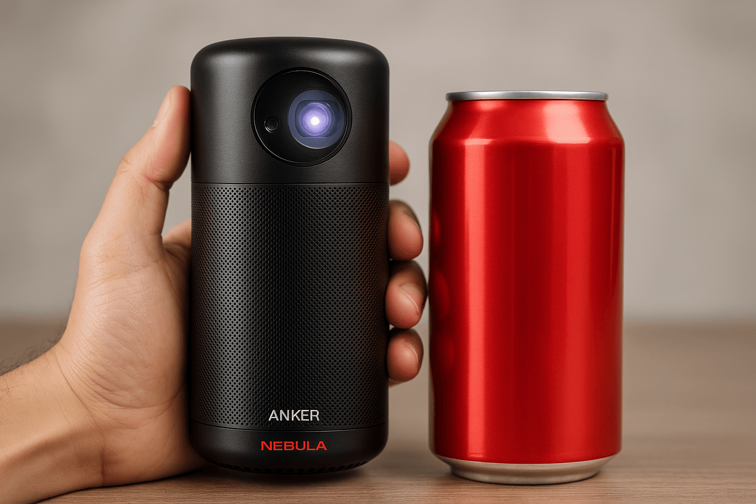 Anker Nebula Capsule II held next to a soda can, showing similar size.