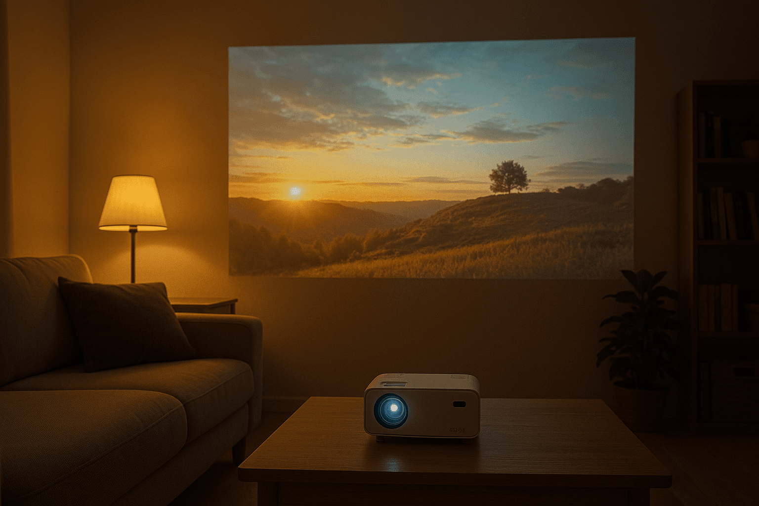 Aurzen EAZZE D1 projecting an image in a moderately dim room, showing its brightness level.