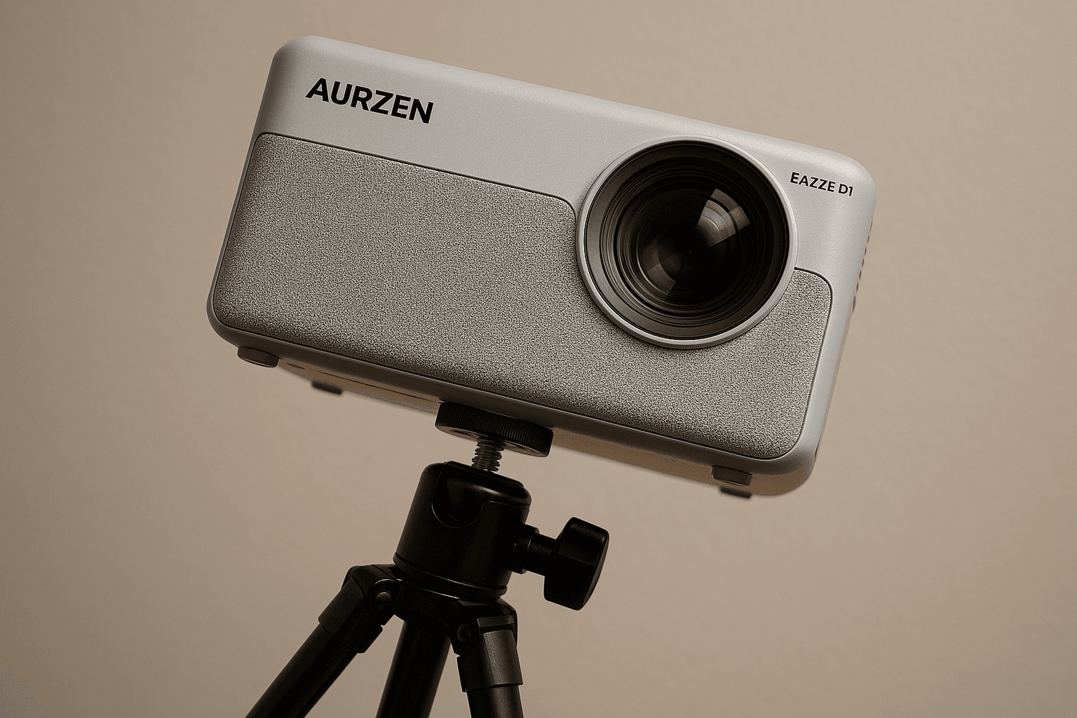 Aurzen EAZZE D1 tilted precariously on a standard camera tripod due to the off-center mount.
