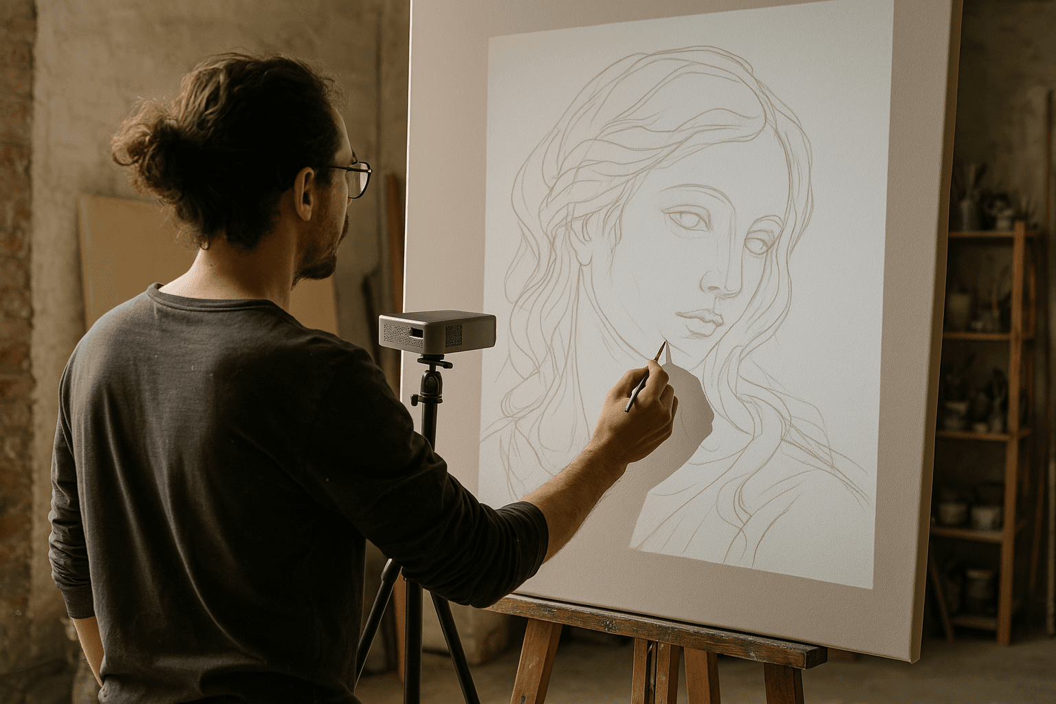 Artist using a small projector on a tripod to trace a sketch onto a large canvas.