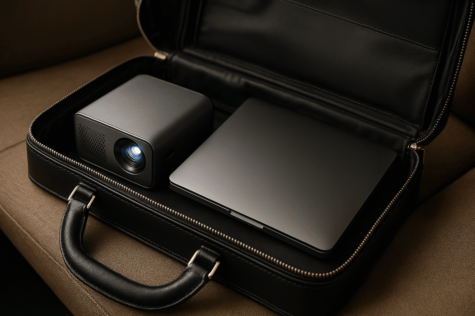 Mini projector fitting easily inside a business briefcase alongside a laptop.