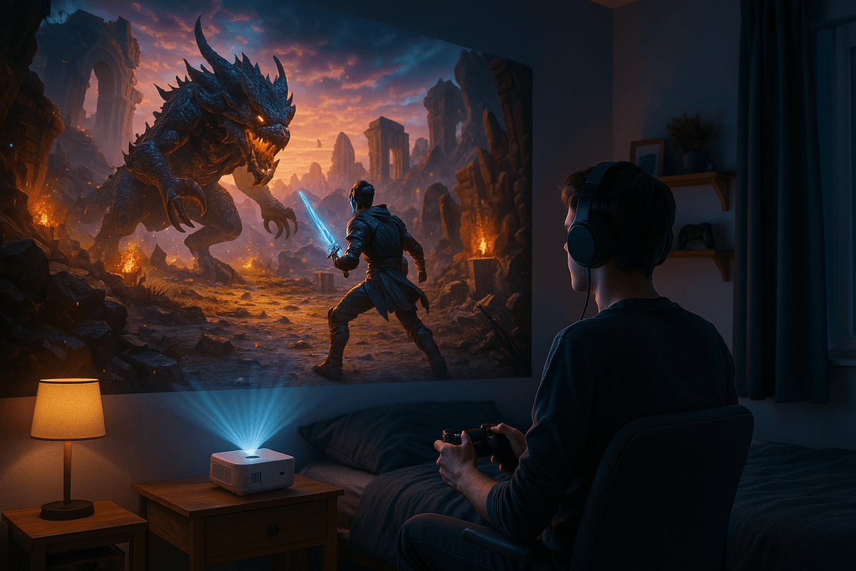 Mini projector casting a large video game scene onto a bedroom wall.