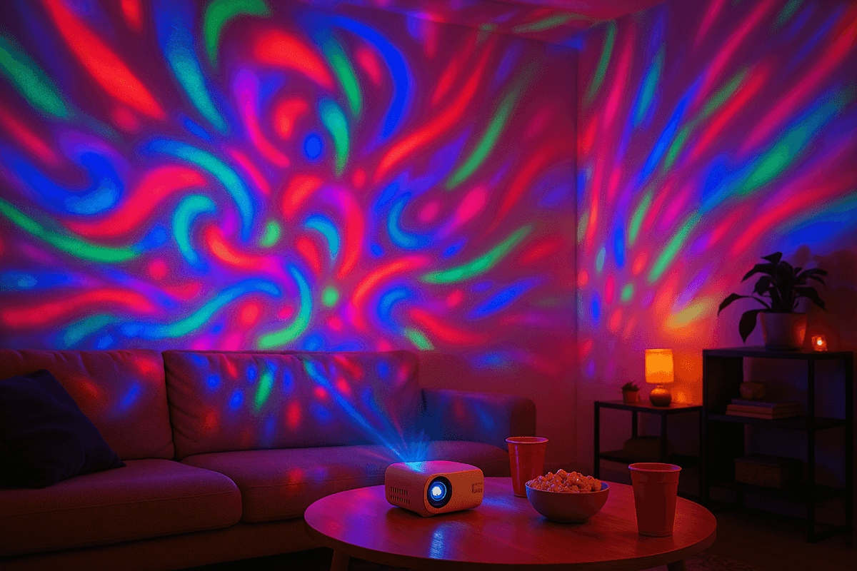 Mini projector displaying colorful abstract patterns on a living room wall during a party.