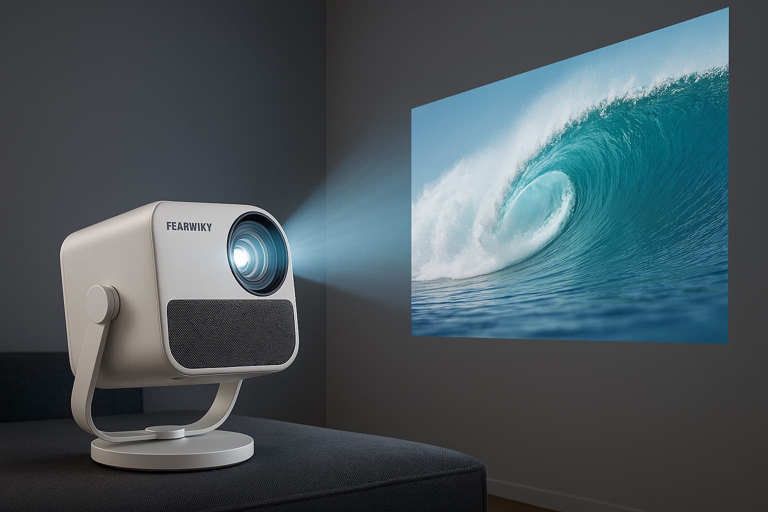 Fearwiky projector displaying a movie scene on a wall.