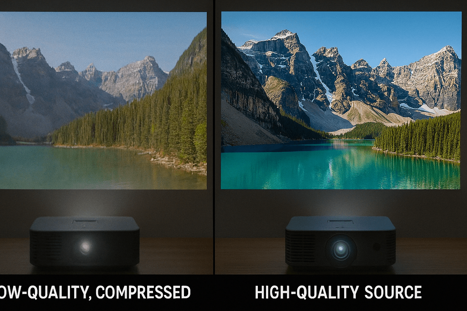 Side-by-side comparison showing the difference between low-quality compressed video source and high-quality source on the same projector