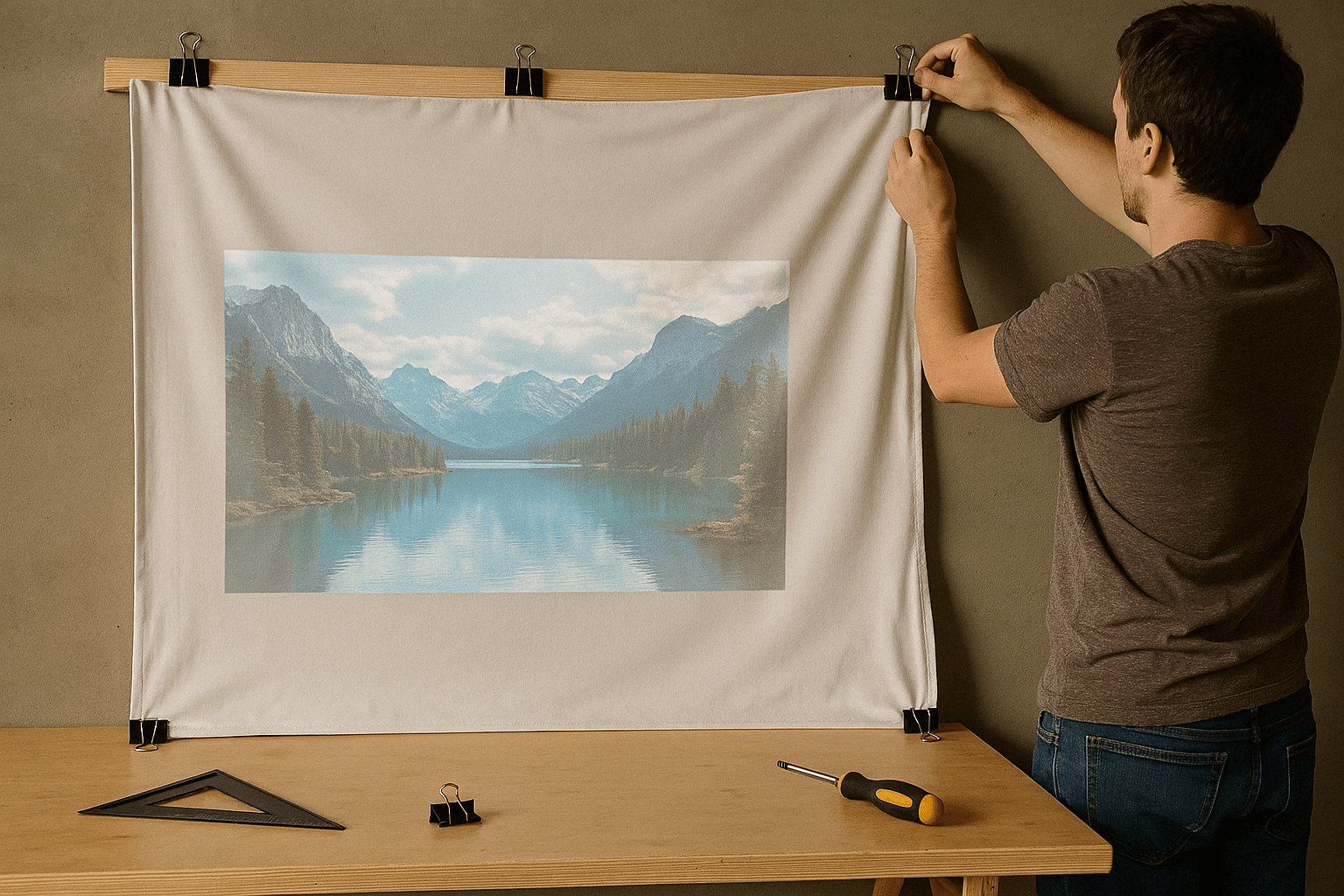 DIY projection screen setup showing installation of white blackout cloth using binder clips