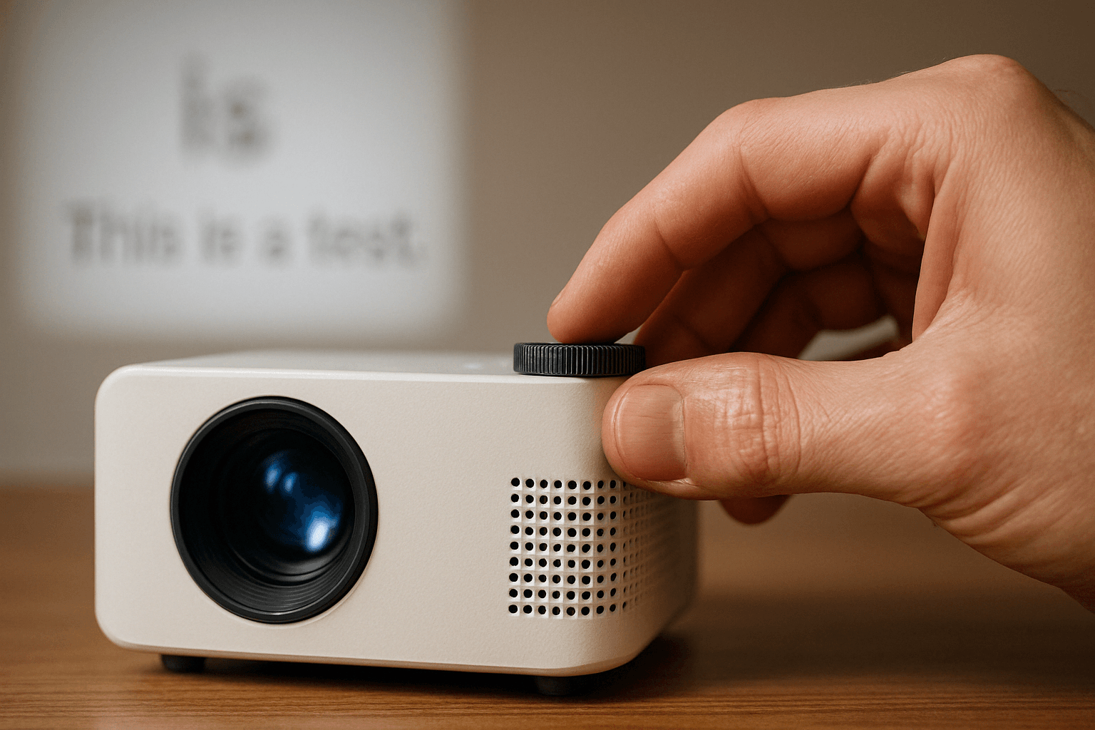 Close-up of hand adjusting focus dial on mini projector with blurred-to-sharp transition visible on screen