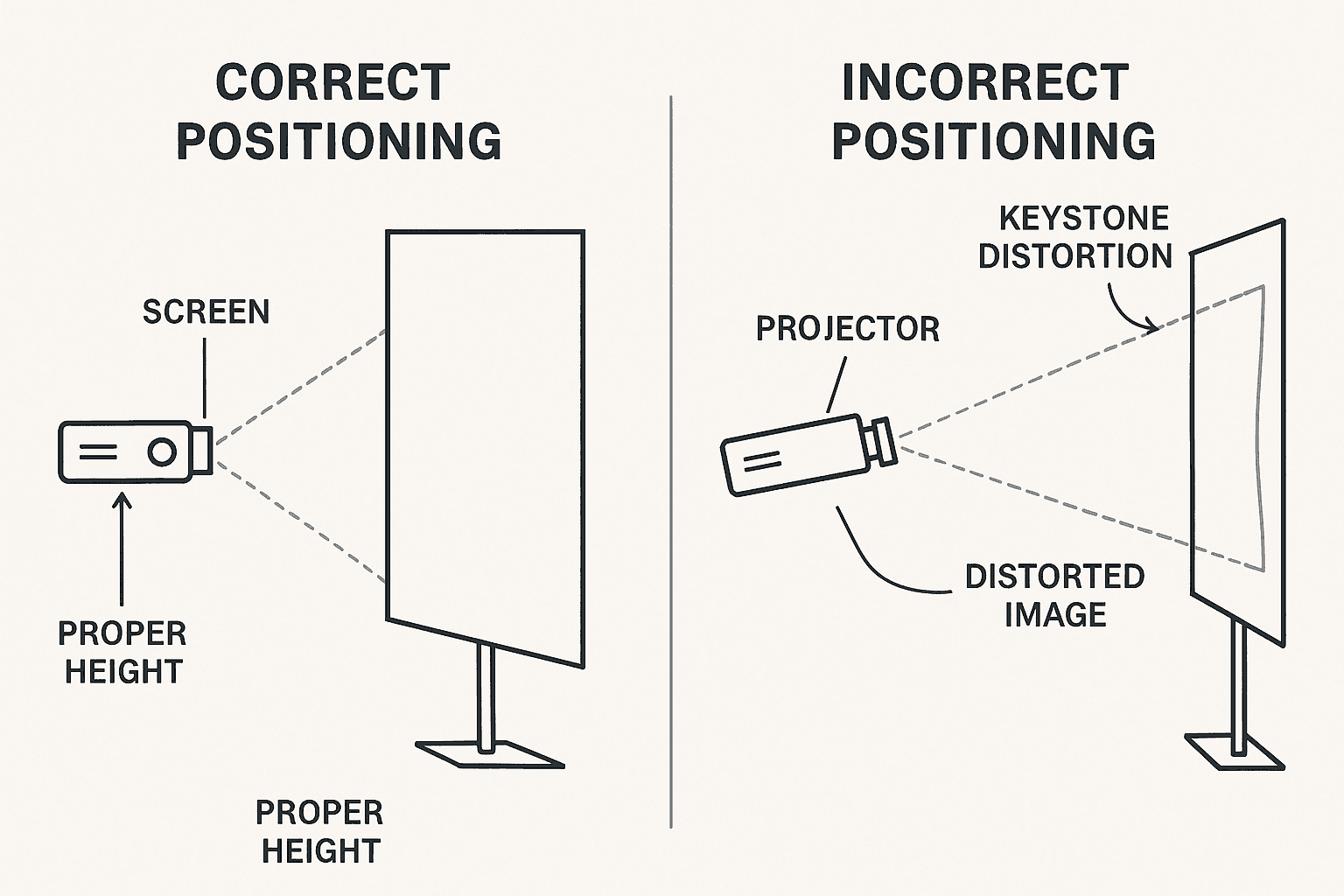 Diagram showing optimal projector placement perpendicular to the screen versus angled placement with keystone distortion