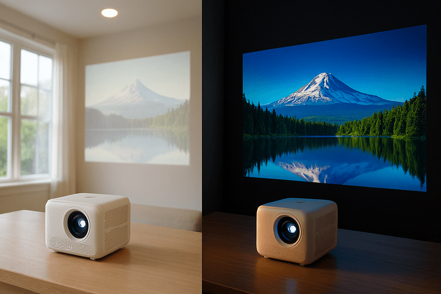 Split image showing the same projector in a partially lit room versus a properly darkened room
