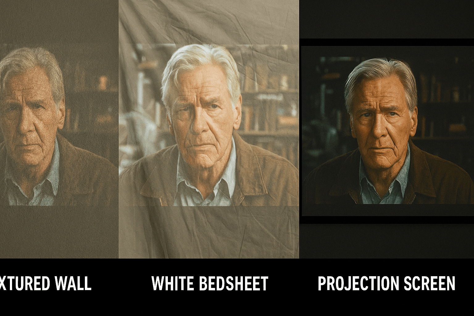 Comparison of the same projector image on different surfaces: textured wall, wrinkled sheet, and proper projection screen