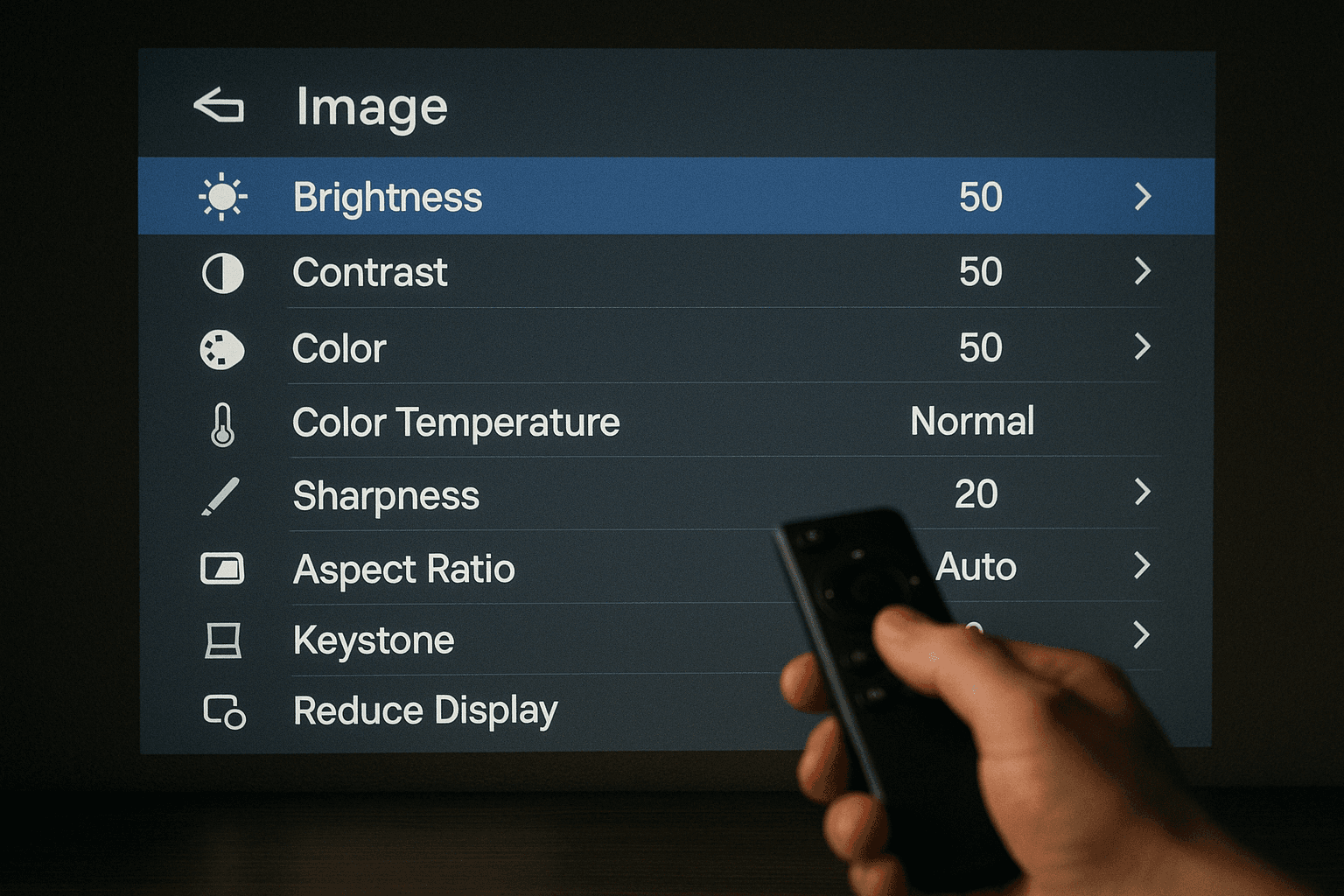 Typical mini projector settings menu showing image adjustment options