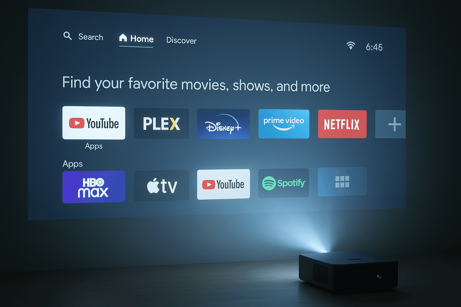 FEARWIKY projector displaying an Android TV interface with various app icons.