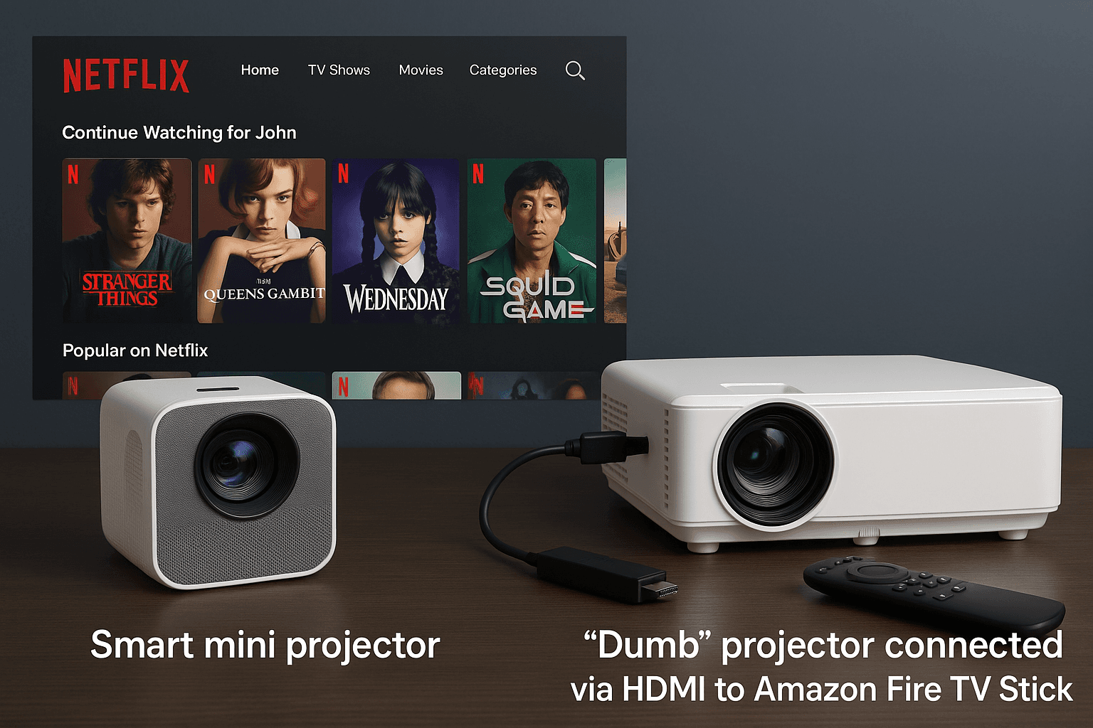 Comparison showing a smart projector with Netflix app vs a basic projector like the ELEPHAS needing an HDMI stick.